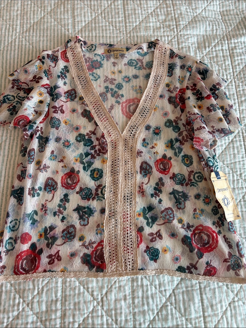 Democracy Cream Floral Crochet-Trim V-Neck Top